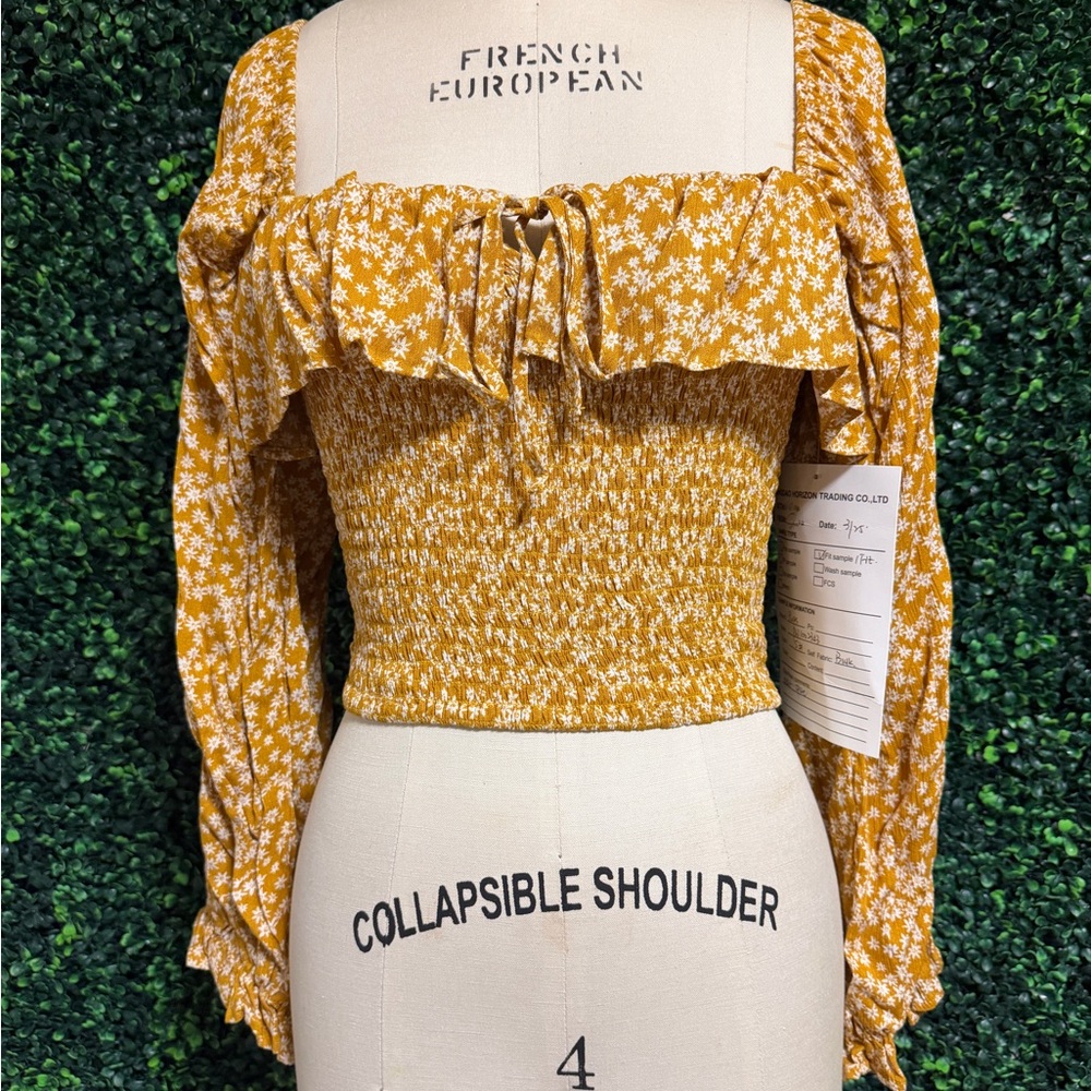 Indigo Rising - Smocked Off-Shoulder Floral Top - Mustard Yellow